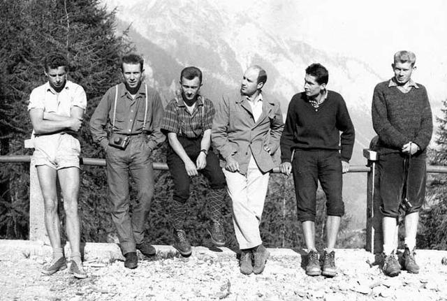 W Dolomitach 1962 r. Od lewej Lucjan Saduś, Ryszard Zawadzki,Maciej Popko,Jerzy Sawicki Szmaciarz,Andrzej Heinrich,Adam Szurek